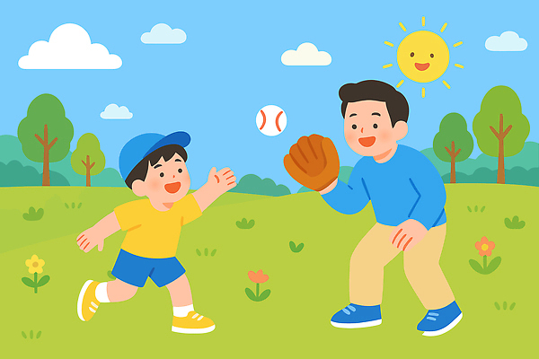 공원 꽃 행복 아들 어린이 일러스트 가족 모션 자연 놀이 함께함 웃음 초원 여름 운동 햇빛 야구 아빠 즐거움 캐치볼 국내일러스트 AI파일 식물 계절 공공시설 감정 컨셉 관계 표정 건강 사람 태양 구기 생태계 파일형식 벡터