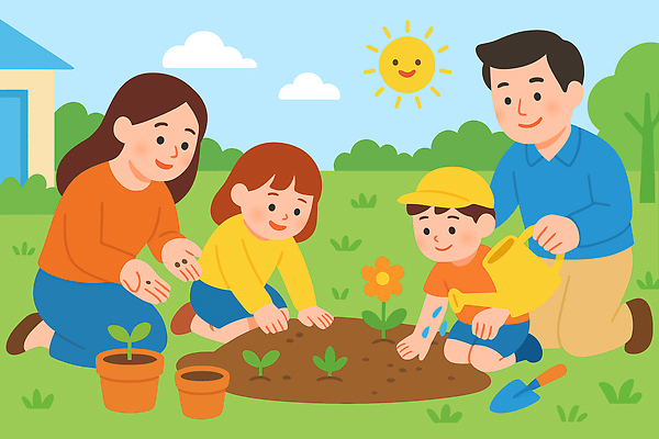 식물 꽃 화분 어린이 일러스트 가족 모션 자연 놀이 따뜻함 일상 부모 햇빛 정원 흙 성장 자녀 즐거움 물주기 심기 국내일러스트 AI파일 감정 관계 사람 라이프 태양 생태계 파일형식 벡터