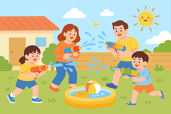 어린이 일러스트 가족 물놀이 놀이 주택 여름 부모 햇빛 정원 게임 놀이터 즐거움 물총 국내일러스트 AI파일 계절 감정 관계 사람 건물 태양 파일형식 벡터