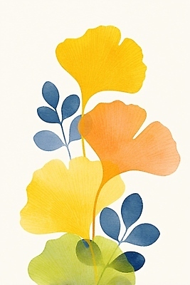 JPG 식물 디자인 꽃 예술 컬러 백그라운드 잎 일러스트 자연 수채화 장식 초록색 여름 노란색 주황색 은행잎 청록색 부드러움 화사함 조화 뷰티풀 생동감 연노랑색 국내일러스트 AI일러스트 AI콘텐츠 계절 컨셉 감각 생태계 파일형식