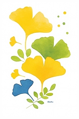 JPG 식물 디자인 꽃 화분 잎 일러스트 자연 생명 수채화 풍경 장식 초록색 파란색 노란색 정원 그림 은행잎 은행나무 조화 연노랑색 국내일러스트 AI일러스트 AI콘텐츠 나무 컬러 생태계 파일형식