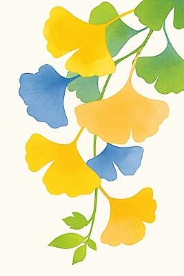 JPG 식물 디자인 계절 예술 컬러 백그라운드 일러스트 자연 가지 수채화 초록색 파란색 노란색 감상 그림 은행잎 화사함 조화 뷰티풀 색감 창작 연노랑색 국내일러스트 AI일러스트 AI콘텐츠 컨셉 잎 채소 생태계 파일형식