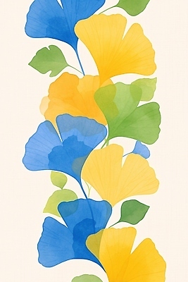 JPG 식물 디자인 예술 컬러 잎 패턴 일러스트 자연 수채화 실내 풍경 장식 초록색 파란색 노란색 배열 은행잎 은행나무 조화 뷰티풀 창의성 연노랑색 국내일러스트 AI일러스트 AI콘텐츠 나무 무늬 내부 생태계 파일형식