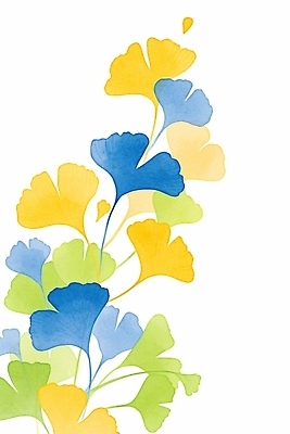 JPG 식물 디자인 예술 컬러 잎 일러스트 자연 수채화 그래픽 장식 초록색 파란색 노란색 그림 은행잎 은행나무 조화 뷰티풀 색채 창의력 연노랑색 국내일러스트 AI일러스트 AI콘텐츠 나무 생태계 파일형식