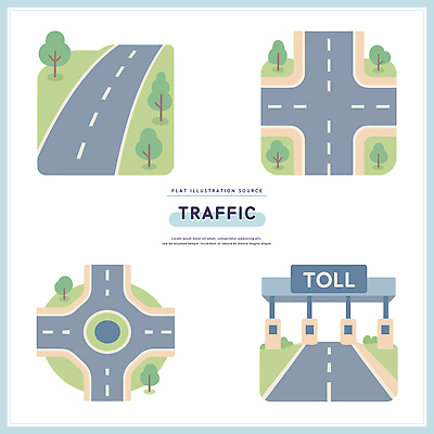 나무 디자인 도로 교통 일러스트 자동차 초원 고속도로 신호등 교차로 도로표지판 주행 방지턱 톨게이트 회전교차로 국내일러스트 AI파일 식물 길 육상교통 교통시설 표지판 파일형식 벡터