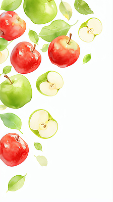 JPG 식물 디자인 컬러 백그라운드 잎 과일 일러스트 자연 나뭇잎 수채화 프레임 장식 여름 신선 달콤 사과 모던 그림 뷰티풀 국내일러스트 AI일러스트 AI콘텐츠 계절 맛 생태계 파일형식