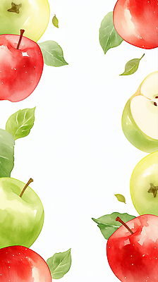 JPG 식물 디자인 여유 컬러 백그라운드 잎 과일 일러스트 자연 나뭇잎 수채화 프레임 미술 빨간색 초록색 공백 달콤 사과 배열 그림 화사함 생동감 스타일 국내일러스트 AI일러스트 AI콘텐츠 감정 컨셉 문화예술 맛 생태계 파일형식