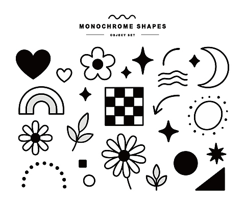 도형 디자인 꽃 별 예술 선 백그라운드 무늬 패턴 일러스트 그래픽 장식 세트 검은색 달 흰색 하트 기하학 창의성 국내일러스트 AI파일 자연요소 모양 식물 컬러 파일형식 벡터