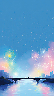 JPG 컬러 야경 일러스트 하늘 조명 불꽃놀이 풍경 여러명 야외 강 반사 축제 기쁨 만남 도시 저녁 즐거움 뷰티풀 몽환 국내일러스트 AI일러스트 AI콘텐츠 감정 다수 컨셉 놀이 사람 야간 파일형식 풍경_경치