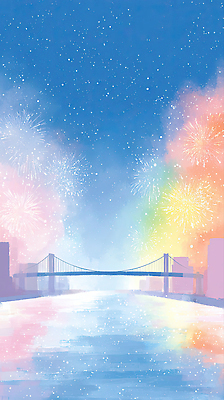 JPG 백그라운드 야경 일러스트 하늘 조명 불꽃놀이 풍경 건물 여름 빛 강 반사 축제 도시 저녁 즐거움 뷰티풀 색채 생동감 풍경화 몽환 환상 국내일러스트 AI일러스트 AI콘텐츠 건축물 계절 감정 컨셉 놀이 야간 그림 파일형식 풍경_경치