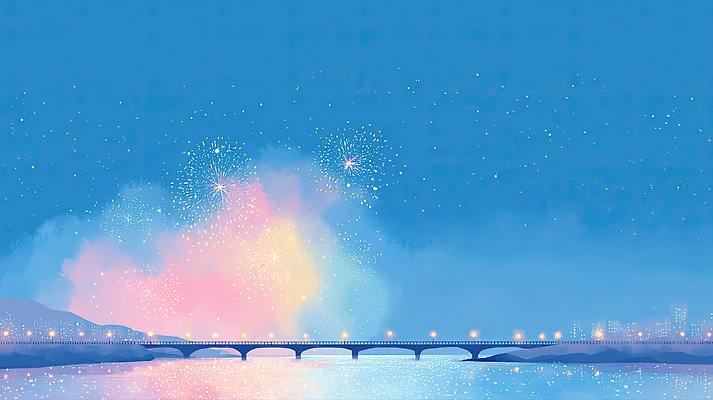 JPG 기념일 컬러 여행 야경 일러스트 자연 밤하늘 하늘 조명 불꽃놀이 풍경 이벤트 여름 강 반사 축제 도시 화려 뷰티풀 몽환 국내일러스트 AI일러스트 AI콘텐츠 계절 컨셉 놀이 야간 생태계 파일형식 풍경_경치