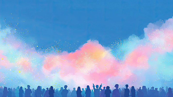 JPG 문화 컬러 야경 일러스트 하늘 불꽃놀이 이벤트 여러명 빛 축제 기쁨 모임 축하 시간 화려 분위기 도심 즐거움 여름밤 몽환 국내일러스트 AI일러스트 AI콘텐츠 감정 다수 컨셉 놀이 사람 여름 도시 야간 파일형식 풍경_경치