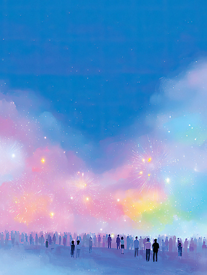 JPG 기념일 컬러 야경 일러스트 자연 하늘 불꽃놀이 풍경 이벤트 여러명 여름 빛 축제 감상 기쁨 모임 화려 군중 즐거움 몽환 국내일러스트 AI일러스트 AI콘텐츠 계절 감정 다수 컨셉 놀이 사람 야간 생태계 파일형식 풍경_경치