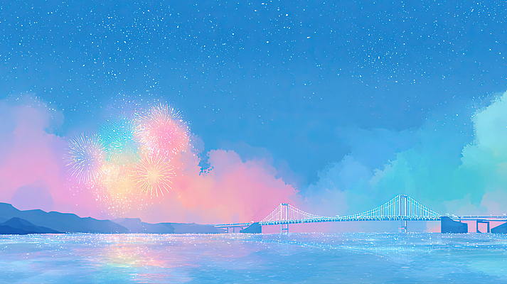 JPG 바다 컬러 야경 일러스트 자연 밤하늘 하늘 불꽃놀이 풍경 관광지 반짝임 축제 수면 조화 별빛 뷰티풀 여름밤 몽환 국내일러스트 AI일러스트 AI콘텐츠 별 여행 컨셉 모션 놀이 물 여름 빛 야간 생태계 파일형식 풍경_경치