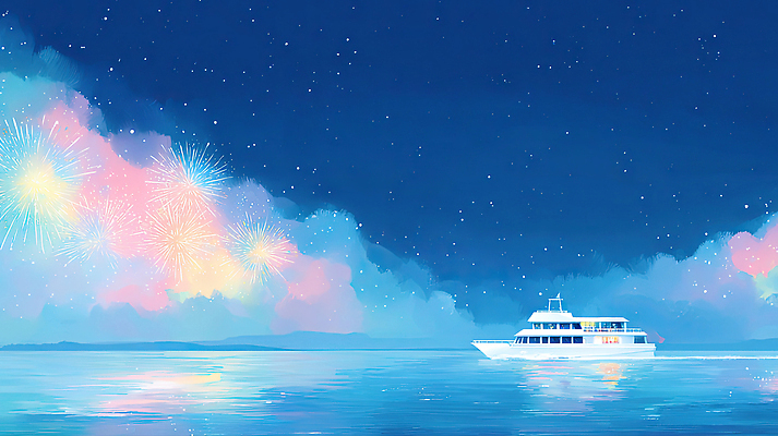JPG 별 여유 바다 여행 요트 야경 일러스트 자연 하늘 조명 항해 불꽃놀이 풍경 해변 물 여름 평화 축제 로맨틱 배 몽환 국내일러스트 AI일러스트 AI콘텐츠 자연요소 계절 감정 컨셉 배_교통 과일 놀이 야간 생태계 파일형식 풍경_경치