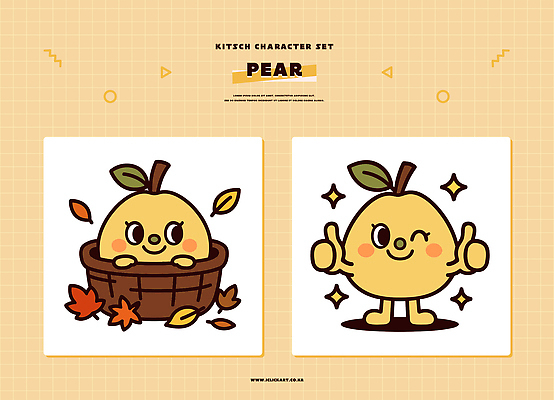 캐릭터 디자인 감정 컬러 포즈 낙엽 일러스트 나뭇잎 윙크 웃음 노란색 바구니 귀여움 금색 표현 배 유머 그림 따봉 배캐릭터 스타일 벡터 키치 일러캐릭터 AI파일 컨셉 잎 과일 표정 최고 파일형식