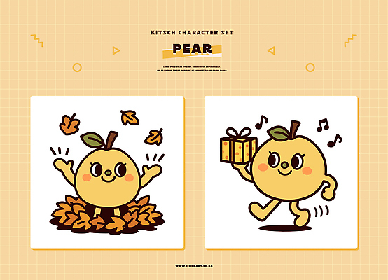 캐릭터 디자인 낙엽 과일 일러스트 모션 놀이 나뭇잎 디저트 한국 선물 들기 선물상자 노란색 귀여움 배 유머 즐거움 배캐릭터 색감 키치 일러캐릭터 AI파일 감정 아시아 음식 컬러 컨셉 잎 상자 파일형식 벡터