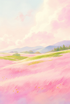 JPG 감정 분홍색 컬러 꽃밭 일러스트 자연 하늘 바람 산 풍경 초원 여름 햇빛 봄 편안함 언덕 부드러움 뷰티풀 핑크뮬리 국내일러스트 AI일러스트 AI콘텐츠 자연요소 식물 계절 꽃 날씨 태양 감각 생태계 파일형식