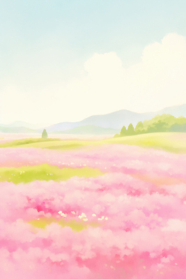 JPG 식물 분홍색 여행 꽃밭 일러스트 자연 하늘 휴식 산 풍경 초원 초록색 파란색 봄 감성 뷰티풀 평야 핑크뮬리 국내일러스트 AI일러스트 AI콘텐츠 계절 꽃 컬러 컨셉 생태계 파일형식