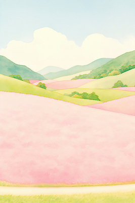 JPG 꽃밭 일러스트 자연 하늘 산 풍경 초원 야외 초록색 노란색 평화 봄 언덕 뷰티풀 색감 핑크뮬리 국내일러스트 AI일러스트 AI콘텐츠 식물 계절 꽃 컬러 컨셉 생태계 파일형식