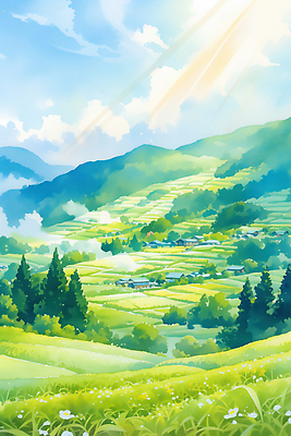 JPG 나무 식물 농업 일러스트 자연 산 풍경 초원 여름 햇빛 평화 계곡 고요 농촌 땅 논밭 뷰티풀 청명 국내일러스트 AI일러스트 AI콘텐츠 계절 산업 컨셉 밭 논 태양 시골 생태계 파일형식