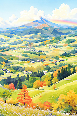 JPG 나무 여행 일러스트 자연 산 풍경 초원 평화 마을 고요 들꽃 탐험 그림 멀리 뷰티풀 색감 국내일러스트 AI일러스트 AI콘텐츠 식물 꽃 컨셉 생태계 파일형식