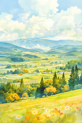 JPG 여유 물결 일러스트 자연 산 풍경 초원 여름 햇빛 고요 들꽃 숲 뷰티풀 색감 국내일러스트 AI일러스트 AI콘텐츠 계절 꽃 감정 태양 생태계 파일형식