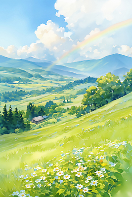 JPG 나무 꽃 무지개 일러스트 자연 풍경 초원 야외 여름 햇빛 평화 일출 고요 일몰 숲 언덕 산맥 국내일러스트 AI일러스트 AI콘텐츠 자연요소 식물 계절 컨셉 산 태양 노을 생태계 파일형식