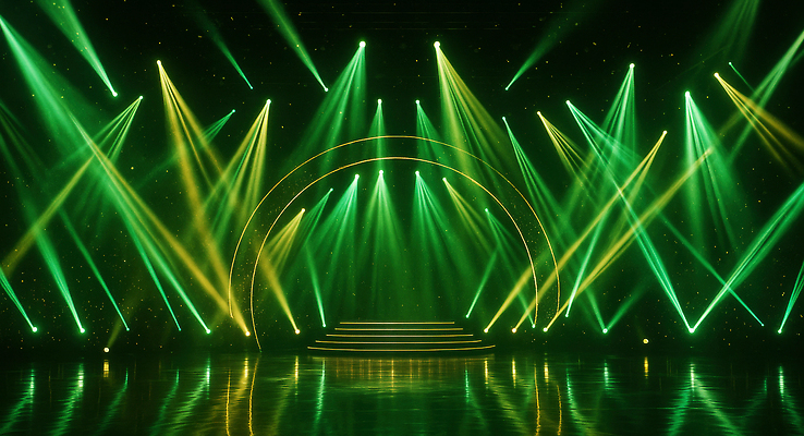 JPG 편집이미지 예술 백그라운드 조명 초록색 빛 반사 노란색 전시 콘서트 공연 공간 과학기술 무대 화려 분위기 공연장 편집실사 AI컴퓨터그래픽 AI콘텐츠 컬러 컨셉 기술 이벤트 극장 CG 파일형식