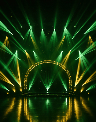 JPG 편집이미지 예술 컬러 백그라운드 조명 초록색 빛 반사 노란색 콘서트 공연 공간 무대 화려 분위기 아치 스포트라이트 기획사 편집실사 AI컴퓨터그래픽 AI콘텐츠 컨셉 회사 이벤트 CG 파일형식