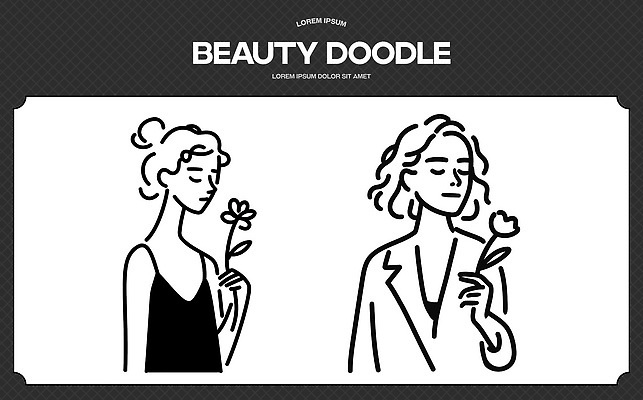 캐릭터 디자인 여자 패션 꽃 감정 꽃다발 라인일러스트 일러스트 미술 사람 뷰티 표현 감각 낙서 스케치 그림 초상화 단순화된 뷰티풀 창의성 프로필 스타일 국내일러스트 AI파일 식물 문화예술 파일형식 벡터