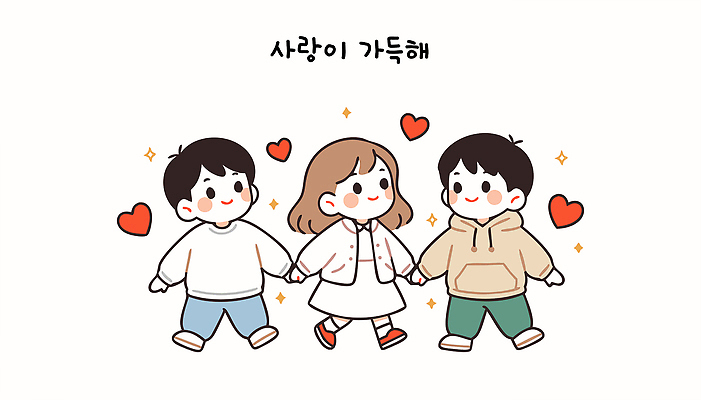 캐릭터 행복 감정 어린이 일러스트 관계 모션 따뜻함 사랑 웃음 세명 친구 반짝임 마주보기 걷기 손잡기 우정 기쁨 하트 표현 추억 연결 소중 즐거움 순간 정 동심 국내일러스트 AI파일 모양 컨셉 표정 사람 파일형식 벡터