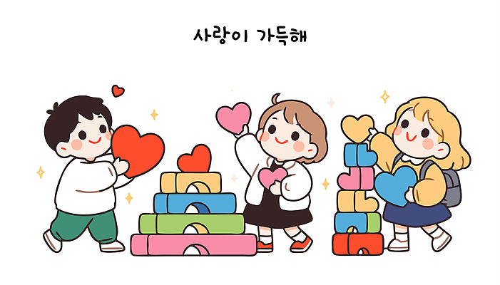 어린이 컬러 일러스트 장난 모션 놀이 책가방 따뜻함 사랑 웃음 들기 소녀 소년 세명 친구 반짝임 장난감 쌓기 귀여움 우정 블록 하트 분위기 즐거움 블록쌓기 아기자기 국내일러스트 AI파일 모양 여자 남자 감정 컨셉 가방 관계 표정 사람 파일형식 벡터