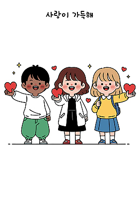 행복 감정 어린이 일러스트 학교 모션 놀이 책가방 함께함 따뜻함 사랑 웃음 들기 세명 친구 교사 우정 기쁨 간호사 하트 주기 다문화 긍정 소통 국내일러스트 AI파일 모양 직업 교육 컨셉 가방 관계 표정 사람 의료진 사회이슈 파일형식 벡터