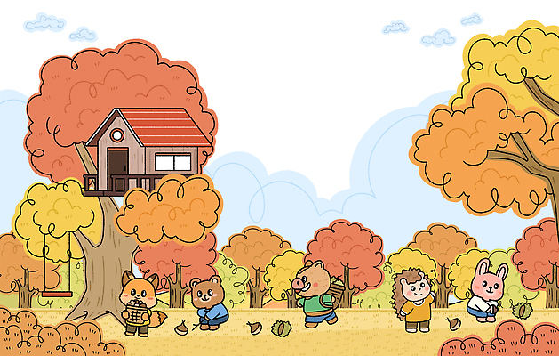 식물 계절 꽃 컬러 컨셉 포유류 관계 주택 반려동물 생태계 파일형식 동물 정원 나무 나무집 모션 노란색 갈색 친구 놀이 자연 숲 귀여움 토끼 고양이 너구리 해바라기 잎 동산 PSD 일러스트 국내일러스트 가을