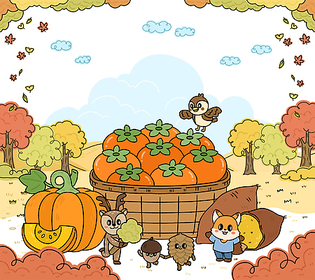 PSD 나무 동물 캐릭터 컬러 단풍 일러스트 자연 조류 호박 사슴 감 풍경 농장 바구니 귀여움 수확 가을 다람쥐 여우 조화 국내일러스트 식물 계절 컨셉 잎 농업 채소 과일 포유류 설치류 생태계 파일형식