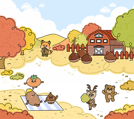 PSD 나무 동물 캐릭터 행복 컬러 잎 일러스트 곰 모션 자연 사슴 주택 풍경 친구 농장 귀여움 활발 가을 즐거움 여우 도토리 국내일러스트 식물 계절 감정 컨셉 농업 포유류 관계 건물 견과류 생태계 파일형식