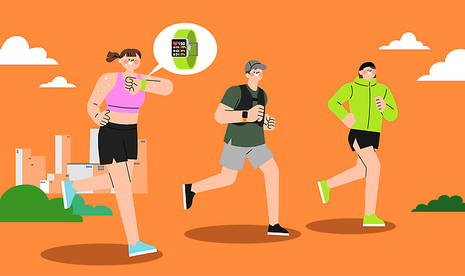 옷 컬러 모션 건강 사람 스마트기기 운동 웨어러블 파일형식 벡터 달리기 스마트워치 야외 헬스 운동복 그룹 세명 백그라운드 주황색 도시 카운트 AI파일 일러스트 국내일러스트 러닝