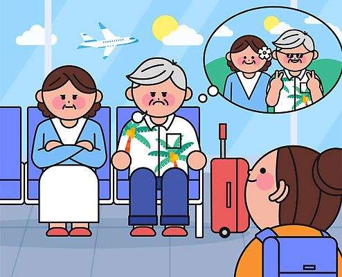 부부 계절 감정 가방 항공교통 교통시설 모션 대중교통 북유럽 사람 여행가방 공간 파일형식 벡터 공항 대기실 여행 노부부 비행기 기다림 상상 불만 여름 풍경 장면 남자 여자 표정 배낭 캐리어 어린이 핀란드 AI파일 일러스트 국내일러스트