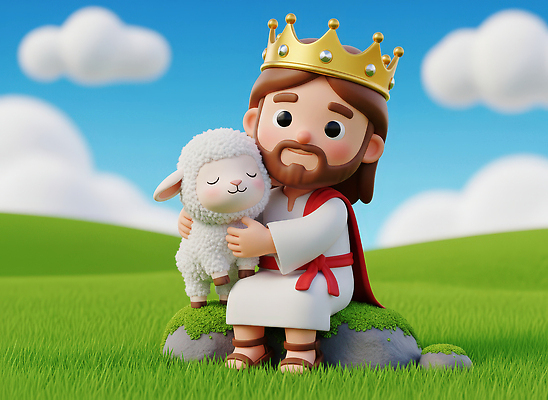 JPG 편집이미지 캐릭터 행복 어린이 자연 하늘 왕관 사랑 풍경 초원 반려동물 소풍 평화 양 예수 순수 편집3D AI컴퓨터그래픽 AI콘텐츠 동물 감정 컨셉 포유류 사람 야외활동 3D 신_종교 생태계 파일형식