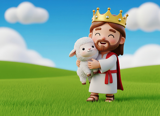 JPG 편집이미지 캐릭터 행복 하늘 왕관 평화 양 예수 포근함 왕 즐거움 그림 편집3D AI컴퓨터그래픽 AI콘텐츠 감정 컨셉 포유류 3D 신_종교 감각 파일형식