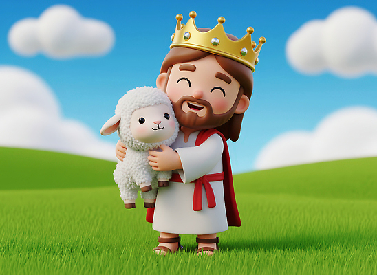 JPG 편집이미지 캐릭터 행복 자연 하늘 왕관 웃음 초원 파란색 평화 귀여움 양 예수 이미지 편집3D AI컴퓨터그래픽 AI콘텐츠 감정 컬러 컨셉 포유류 표정 3D 신_종교 생태계 파일형식