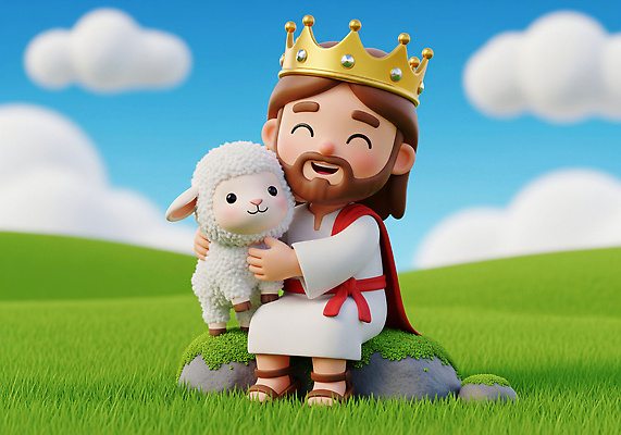 JPG 동물 편집이미지 캐릭터 행복 자연 하늘 왕관 웃음 풍경 초원 평화 귀여움 믿음 양 예수 편집3D AI컴퓨터그래픽 AI콘텐츠 감정 컨셉 포유류 표정 3D 신_종교 생태계 파일형식