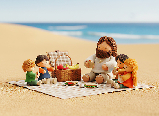 JPG 편집이미지 행복 어린이 음식 모래 과일 자연 해변 친구 모래사장 소풍 바구니 시간 예수 즐거움 이미지편집 AI컴퓨터그래픽 AI콘텐츠 감정 바다 관계 사람 야외활동 신_종교 생태계 파일형식