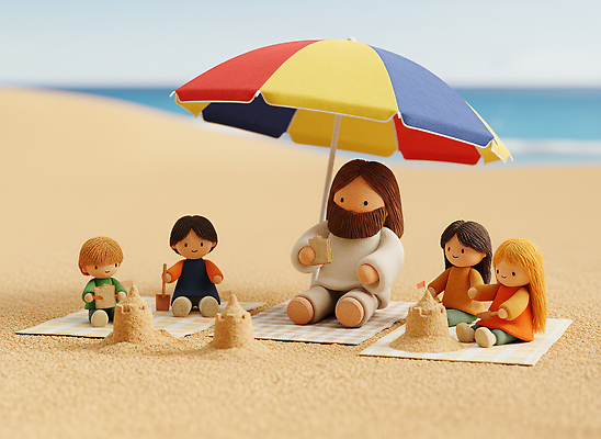 JPG 편집이미지 바다 우산 가족 놀이 해변 여름 친구 모래사장 햇빛 예수 모래성 이미지편집 AI컴퓨터그래픽 AI콘텐츠 계절 모래 관계 태양 신_종교 파일형식