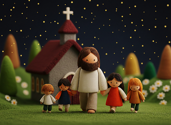 JPG 편집이미지 별 인형 하늘 따뜻함 사랑 사람 풍경 교회 평화 걷기 예수 저녁 색감 이미지편집 AI컴퓨터그래픽 AI콘텐츠 자연요소 감정 컨셉 종교건축 모션 건물 신_종교 야간 파일형식