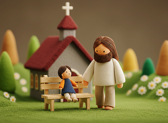 JPG 편집이미지 캐릭터 행복 어린이 벤치 가족 상상 자연 동화 교회 평화 예수 그림 소통 이미지편집 AI컴퓨터그래픽 AI콘텐츠 감정 컨셉 의자 관계 종교건축 사람 건물 신_종교 생태계 파일형식