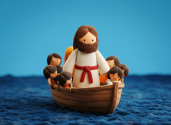 JPG 모델 편집이미지 감정 종교 인형 바다 이야기 모형 예수 추억 파란배경 조화 교훈 제자들 이미지편집 AI컴퓨터그래픽 AI콘텐츠 백그라운드 컨셉 파란색 신_종교 파일형식