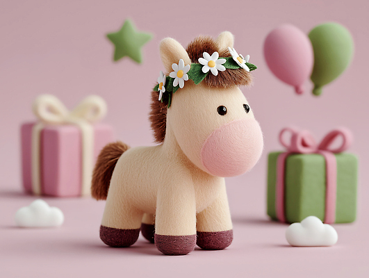 JPG 동물 편집이미지 어린이 인형 선물 장식 장난감 파티 화관 아기 생일 조랑말 말인형 분홍색배경 이미지편집 AI컴퓨터그래픽 AI콘텐츠 기념일 꽃 분홍색 백그라운드 사람 이벤트 말_동물 파일형식