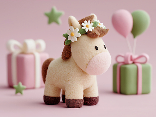 JPG 편집이미지 꽃 컬러 장식 선물상자 반려동물 축하 아기 생일 오브젝트 풍선 조랑말 파스텔 말인형 이미지편집 AI컴퓨터그래픽 AI콘텐츠 식물 동물 기념일 인형 컨셉 학용품 선물 사람 상자 말_동물 파일형식